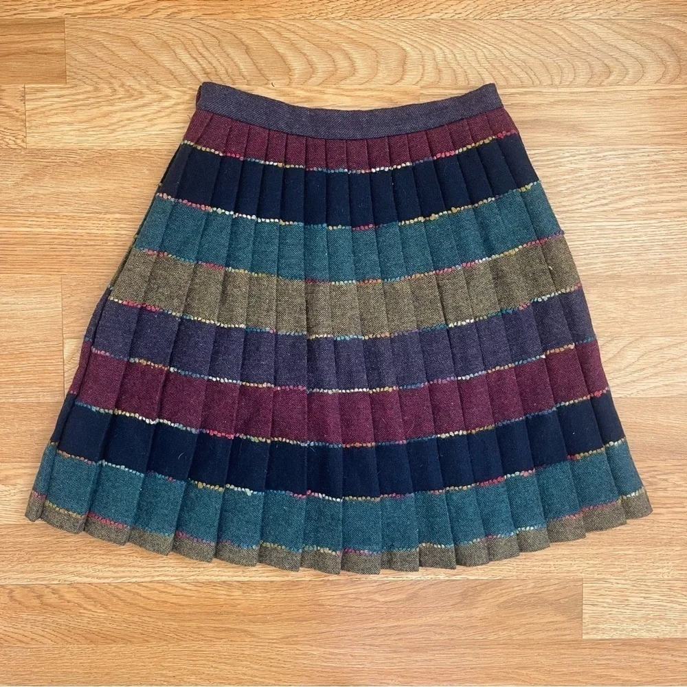 Vintage 80s Wool Tweed Rainbow Plaid Pleated Mini Skirt Size XS